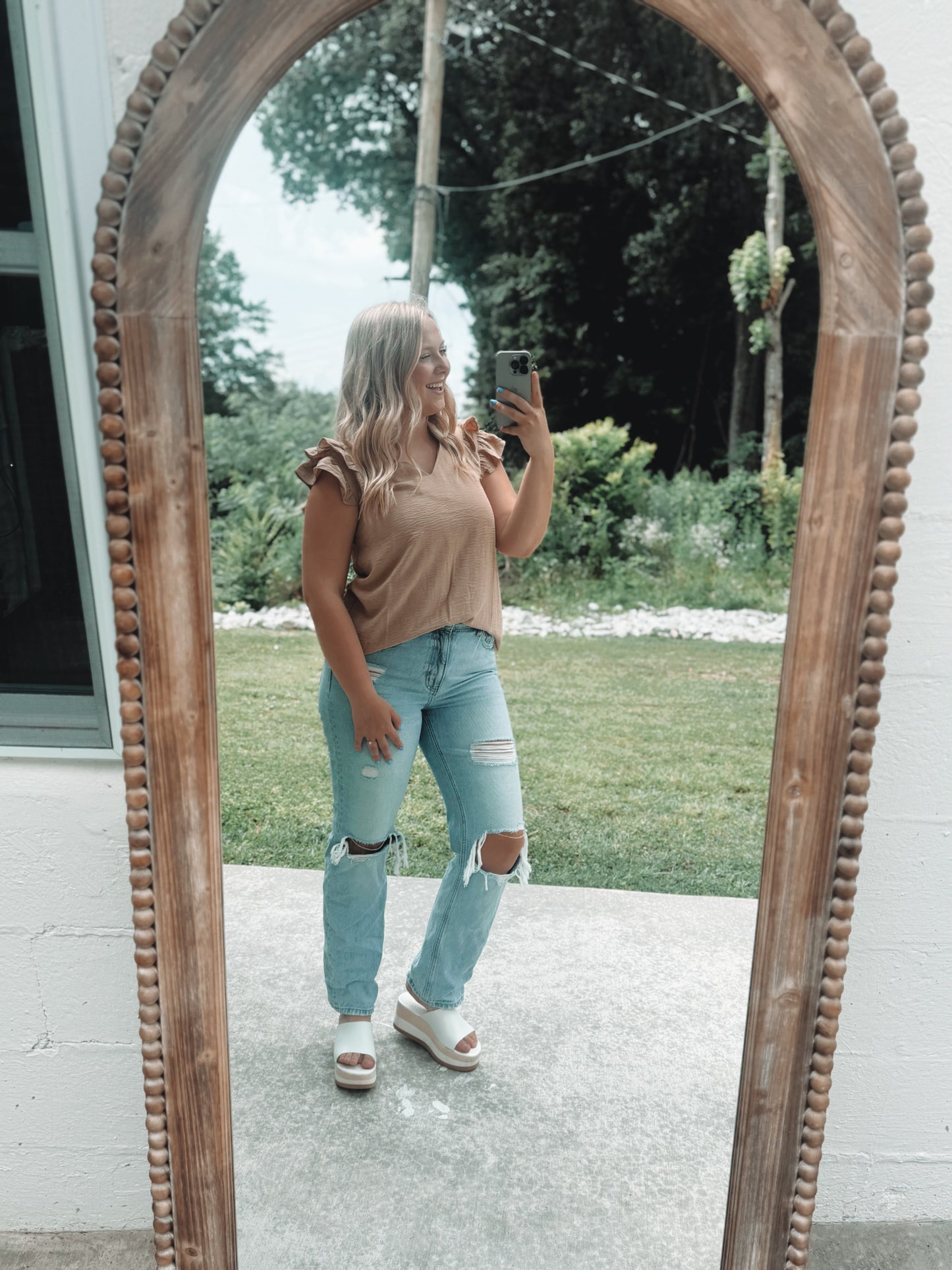 Khaki Ruffle trim neck blouse