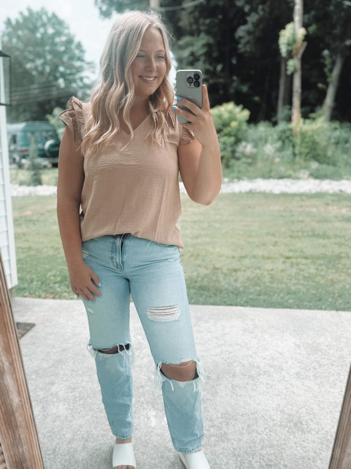 Khaki Ruffle trim neck blouse