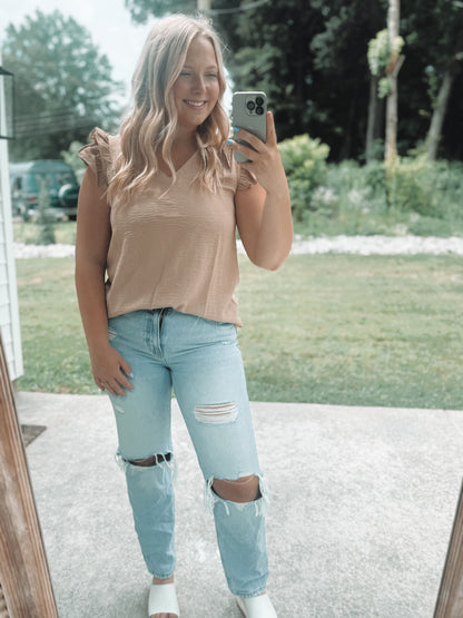 Khaki Ruffle trim neck blouse