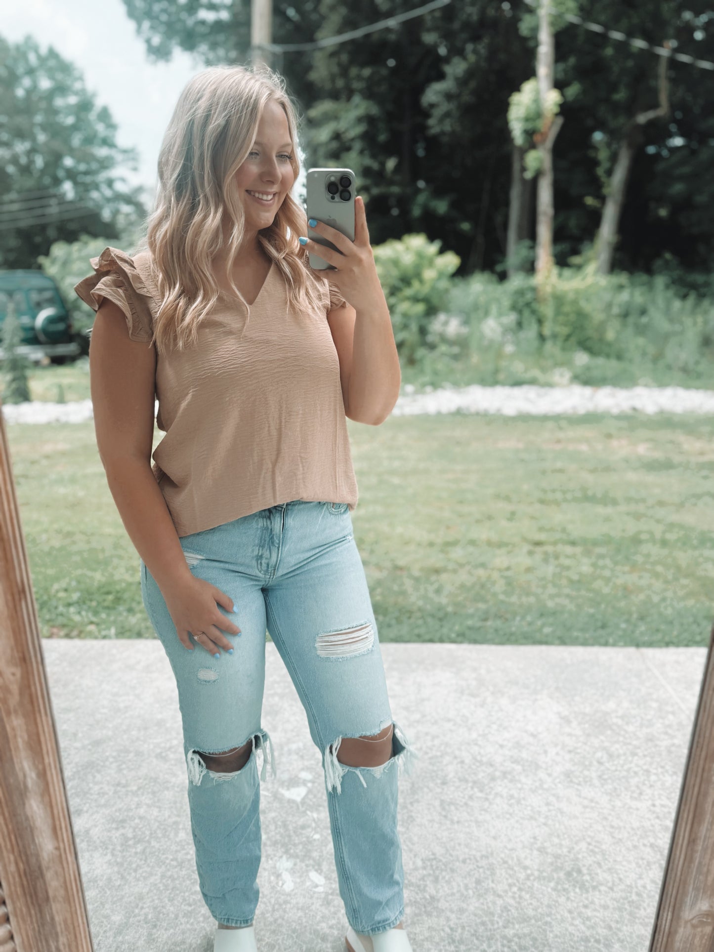 Khaki Ruffle trim neck blouse