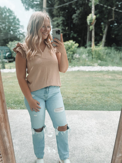 Khaki Ruffle trim neck blouse