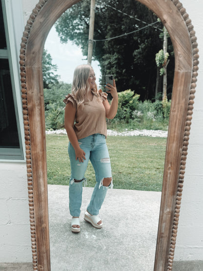 Khaki Ruffle trim neck blouse