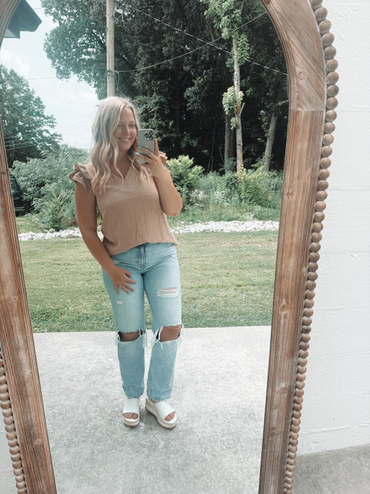 Khaki Ruffle trim neck blouse